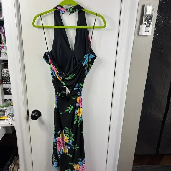 Lauren Ralph Lauren Floral Halter Midi Dress Size 12 – Black Tropical Belted NWT - Picture 5 of 12
